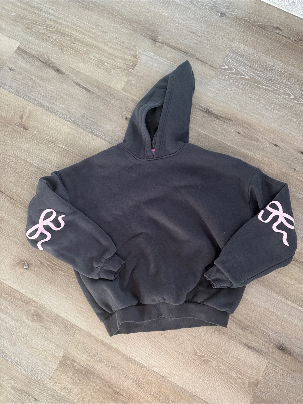 Edikted Grey Hoodie with Pink Sleeve Ribbon Accents